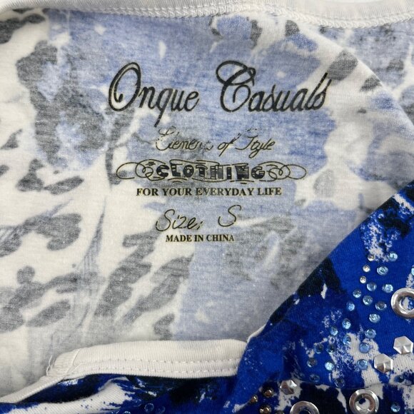 Onque Casuals Womens 3/4 Sleeve Top Size S Blue & White Floral Animal Print - Picture 3 of 5